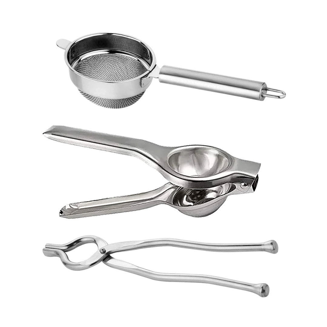 Stainless Steel Lemon Squeezer, Sansi & Tea Stainer (3 Pcs Combo Pack)